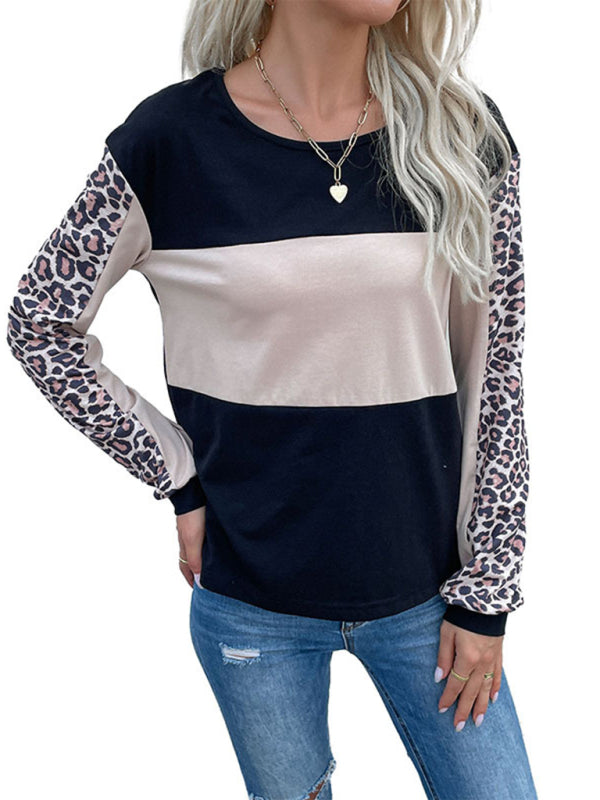 Fierce Leopard Print Tee - Patchwork Long Sleeve Top T-Shirts - Chuzko Women Clothing