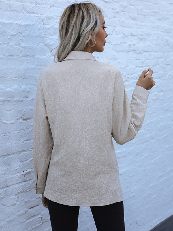 Long Sleeve Shirt - Textured Fabric & Patch Pockets Top Shirts - Chuzko Women Clothing