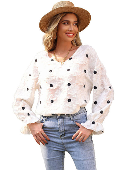 Polka Dot Fuzzy Blouse - Flounce Sleeve Ruffle Top Blouses - Chuzko Women Clothing