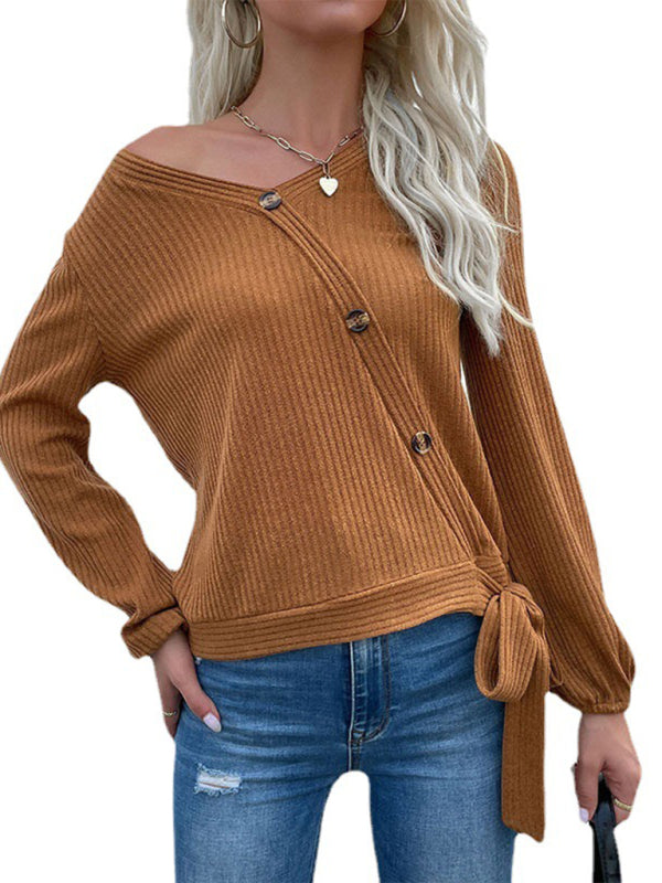 Asymmetrical Button V Neck Sweatshirt - Ribbed Bowknot Top Knit Tops - Chuzko Women Clothing