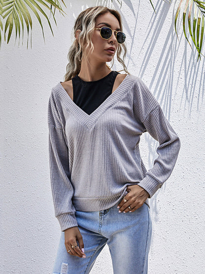 Ribbed Long Sleeve T-Shirt - Faux Two-Piece Sweatshirt Sweatshirts - Chuzko Women Clothing