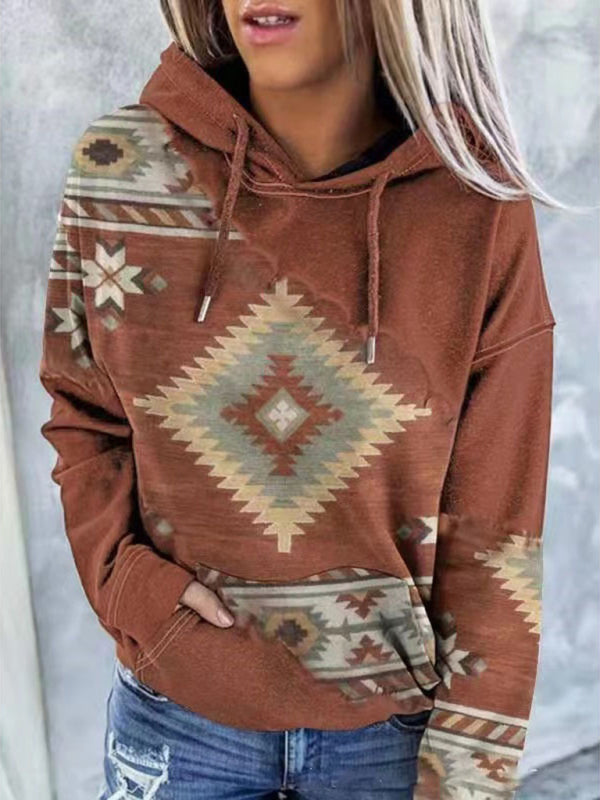 Aztec Print Hoodie - Hooded Neck, Kangaroo Pocket Sweatshirt Hoodies - Chuzko Women Clothing