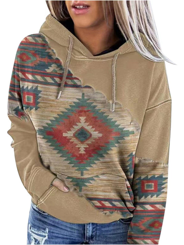 Aztec Print Hoodie - Hooded Neck, Kangaroo Pocket Sweatshirt Hoodies - Chuzko Women Clothing