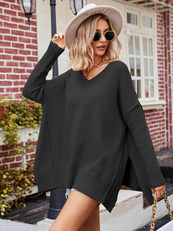 Oversized Knit Sweater with Visible Seams Oversize Sweater - Chuzko Women Clothing