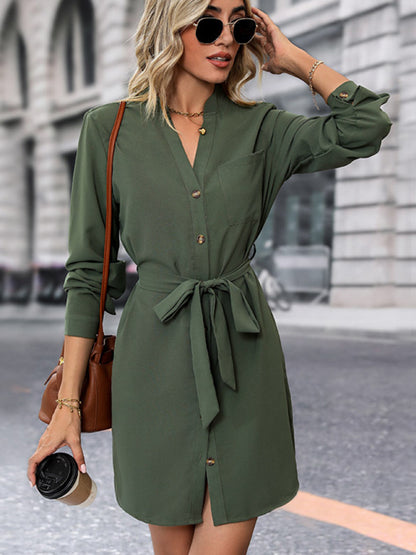 Long Sleeve Belt Tie Shirt Dress Shirt Dresses - Chuzko Women Clothing