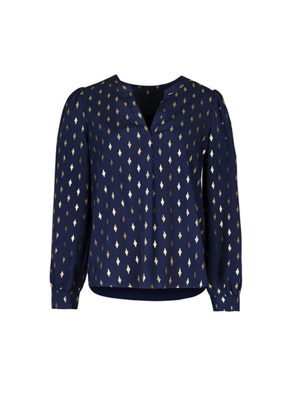 Gold Print Long Puff Sleeve Top - Chip Dots Blouse Blouses - Chuzko Women Clothing