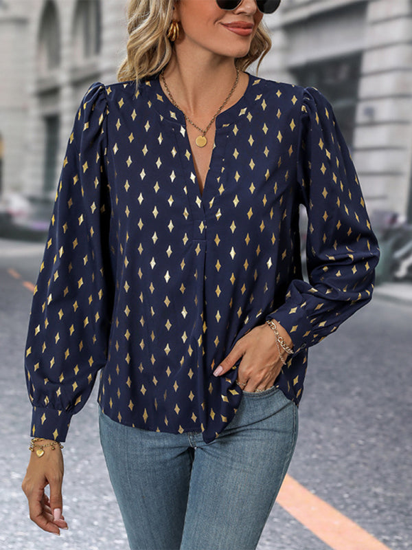 Gold Print Long Puff Sleeve Top - Chip Dots Blouse Blouses - Chuzko Women Clothing