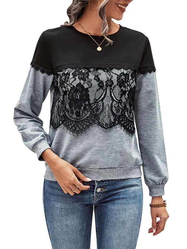 Lace Accents Sweatshirt - Colorblock Top Sweatshirts - Chuzko Women Clothing