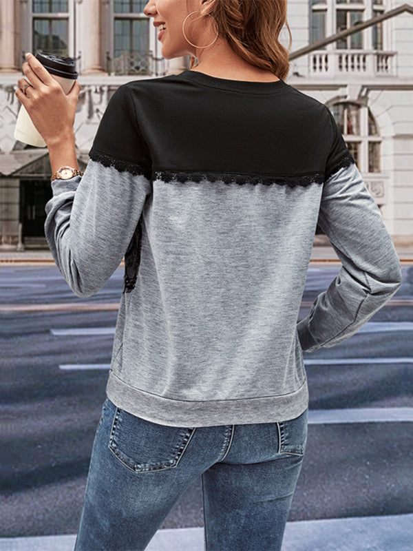Lace Accents Sweatshirt - Colorblock Top Sweatshirts - Chuzko Women Clothing