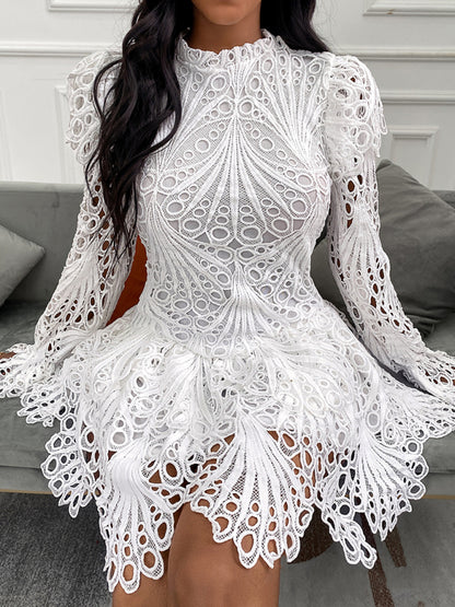 Open Lace Dress with High Neck - Long Sleeve Floral Embroidered Dress Lace Dress - Chuzko Women Clothing