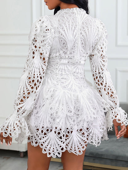 Open Lace Dress with High Neck - Long Sleeve Floral Embroidered Dress Lace Dress - Chuzko Women Clothing