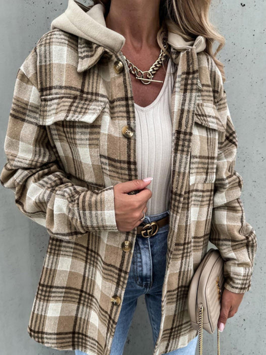 Plaid Flannel Hoodie Jacket - Wool Overcoat Wool Jackets - Chuzko Women Clothing