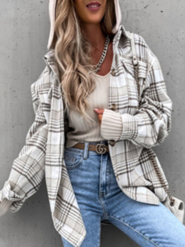 Plaid Flannel Hoodie Jacket - Wool Overcoat Wool Jackets - Chuzko Women Clothing