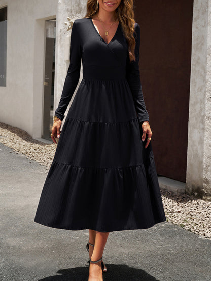 Elegant Textured Fitted Waist Long Sleeve Tiered Dress Tiered Dresses - Chuzko Women Clothing