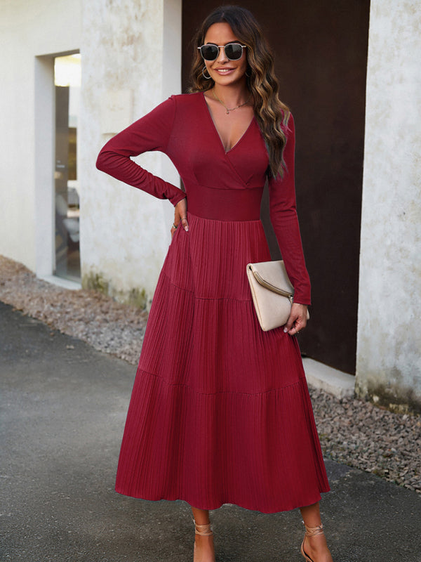 Elegant Textured Fitted Waist Long Sleeve Tiered Dress Tiered Dresses - Chuzko Women Clothing
