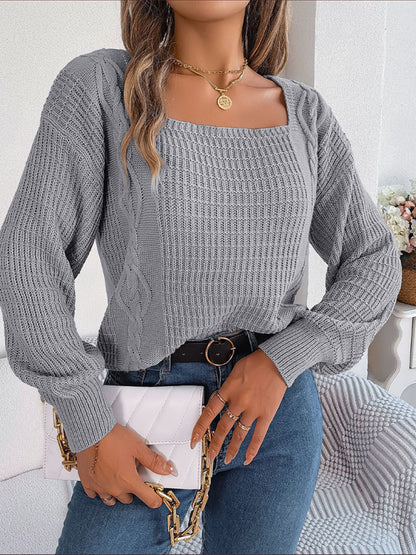 Wool Lantern Sleeve Sweater - Square Neck, Cable Knit Accents Knitwear Sweaters - Chuzko Women Clothing