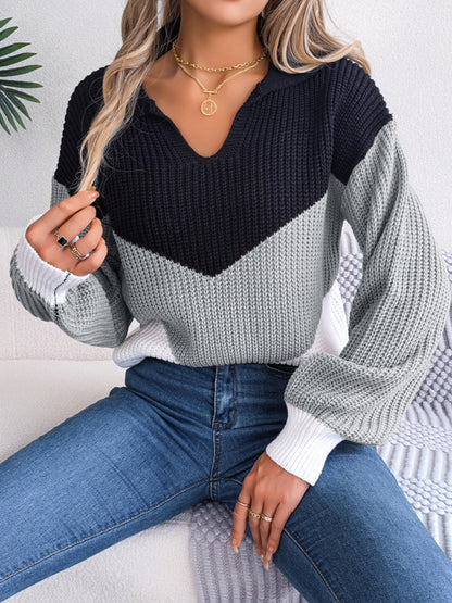 Colorblock Knitted Sweater - Warm Wool Knitwear Top Sweaters - Chuzko Women Clothing