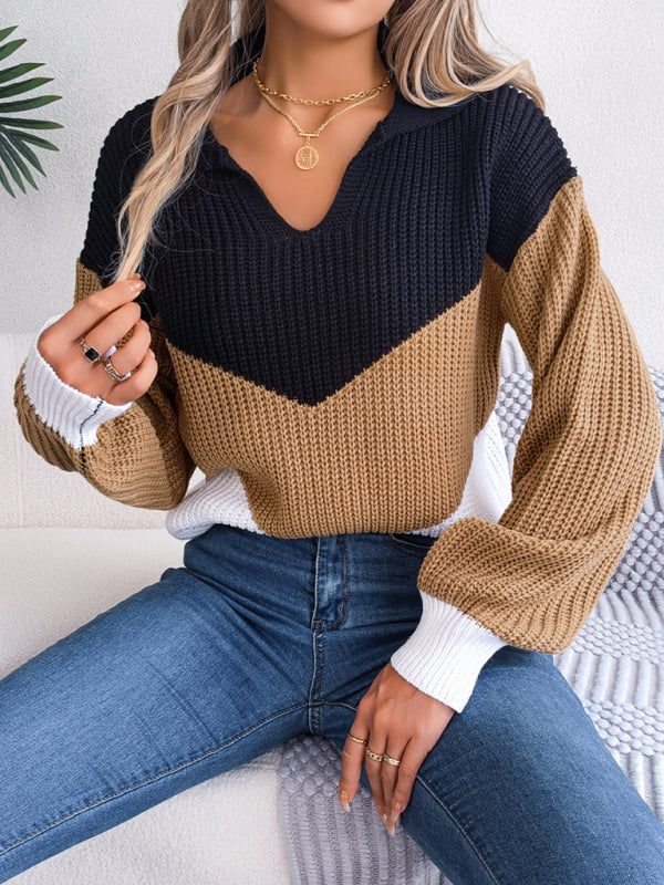Colorblock Knitted Sweater - Warm Wool Knitwear Top Sweaters - Chuzko Women Clothing
