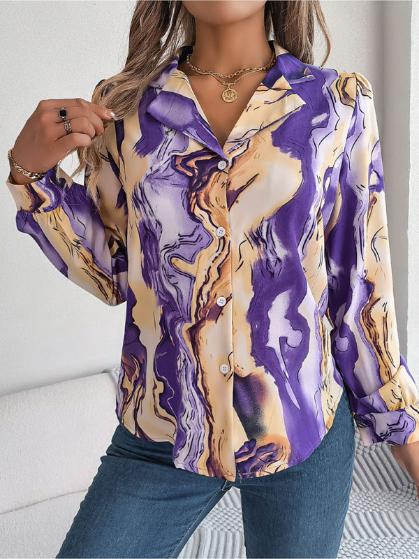 Notch Lapel Shirt - Elegant Abstract Print, Long sleeve Blouse Shirts - Chuzko Women Clothing