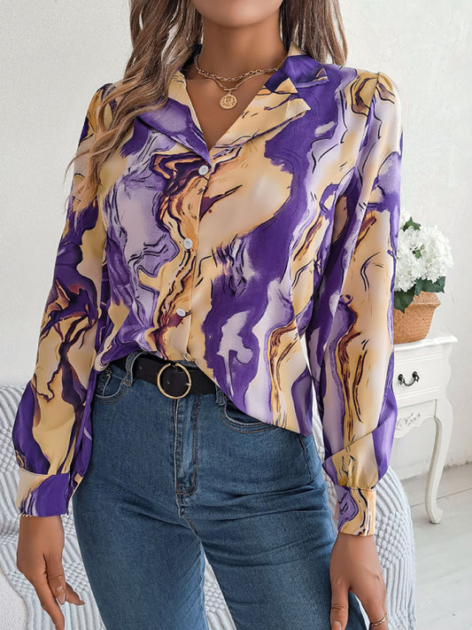 Notch Lapel Shirt - Elegant Abstract Print, Long sleeve Blouse Shirts - Chuzko Women Clothing