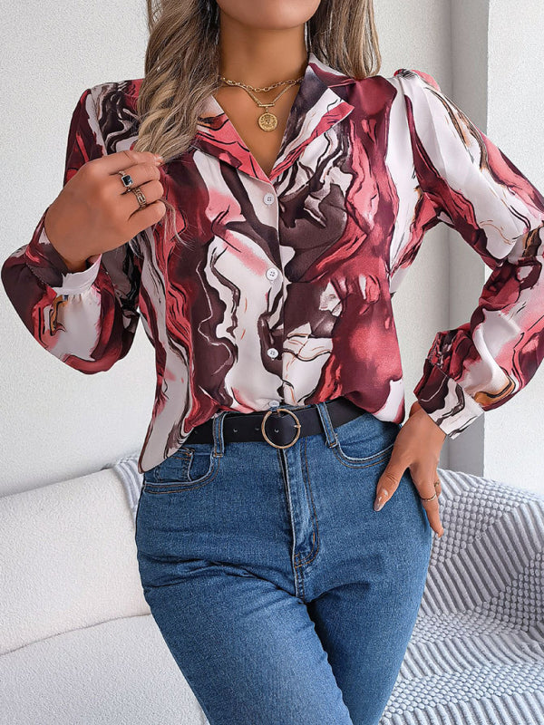 Notch Lapel Shirt - Elegant Abstract Print, Long sleeve Blouse Shirts - Chuzko Women Clothing