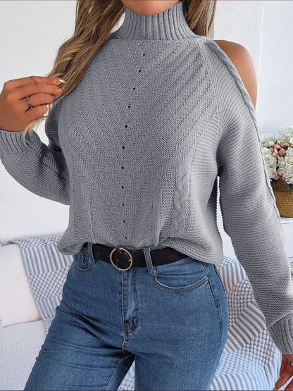 Wool Cold Shoulder Sweater - High Neck, Cable Knit Pullover Sweaters - Chuzko Women Clothing