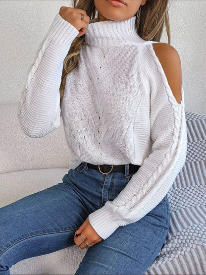 Wool Cold Shoulder Sweater - High Neck, Cable Knit Pullover Sweaters - Chuzko Women Clothing