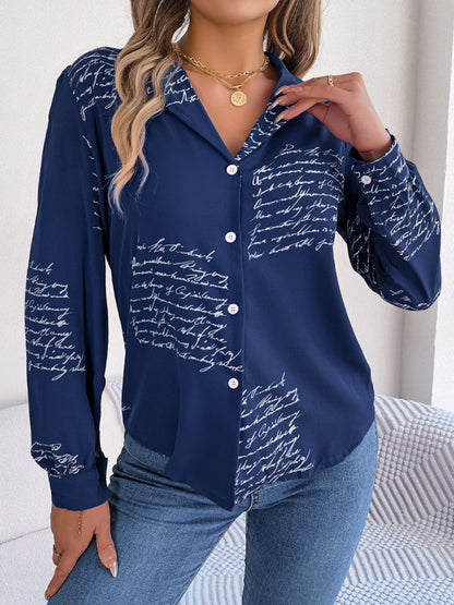 Letter Print Shirt - Notch Collar, Long Sleeve, Button-Down Blouse Shirts - Chuzko Women Clothing