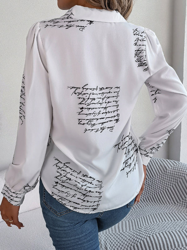 Letter Print Shirt - Notch Collar, Long Sleeve, Button-Down Blouse Shirts - Chuzko Women Clothing