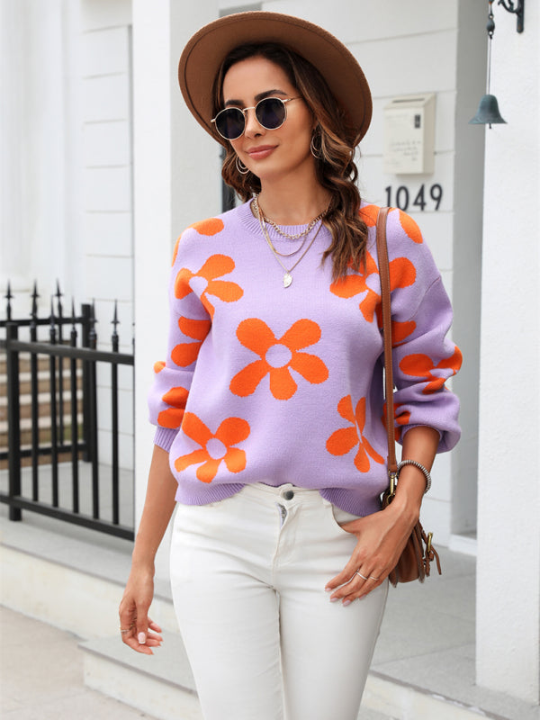 Knitted Floral Relax Drop Shoulder Pullover Sweater Sweaters - Chuzko Women Clothing