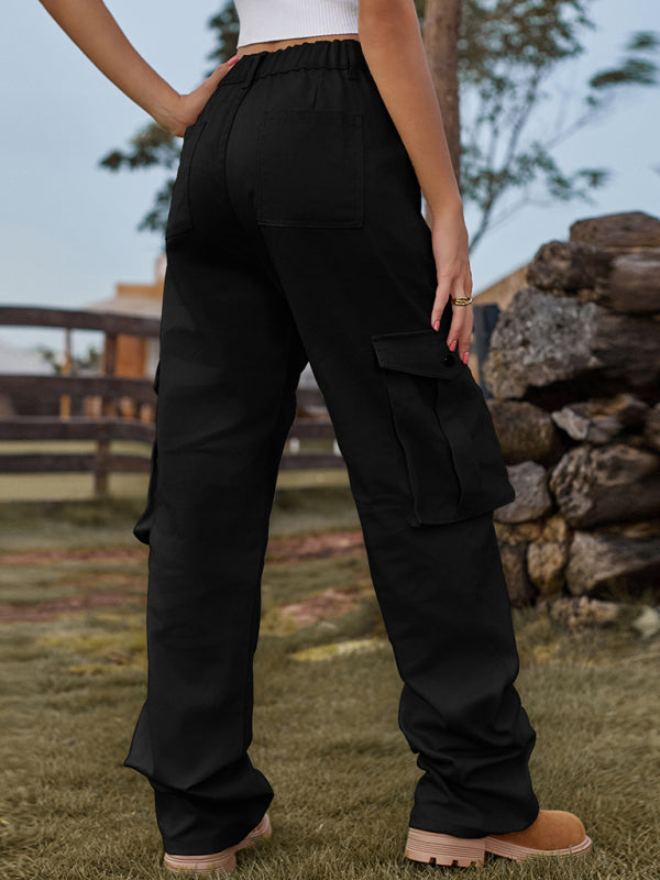 Solid Denim Elastic High-Rise Cargo Trousers - Pants Cargo Trousers - Chuzko Women Clothing