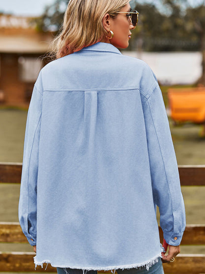 Frayed Denim Jacket - Distressed Jean Shirt Denim Jackets - Chuzko Women Clothing