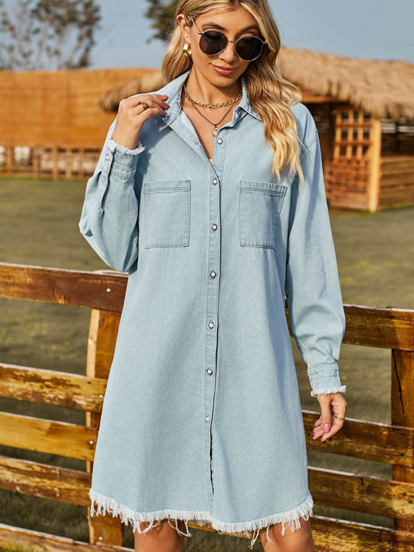 Retro Oversized Distressed Denim Shirt Dress Denim Dresses - Chuzko Women Clothing