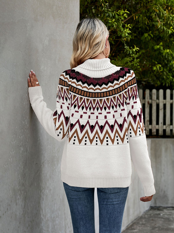 Aztec Knit Chunky Turtleneck Sweater Sweaters - Chuzko Women Clothing
