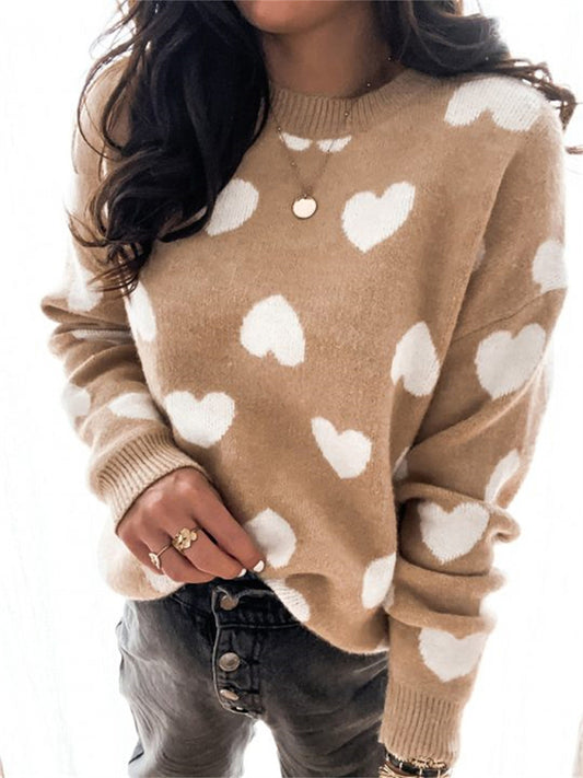 Knitted Cozy Heart Long Sleeve Pullover Sweater Sweaters - Chuzko Women Clothing