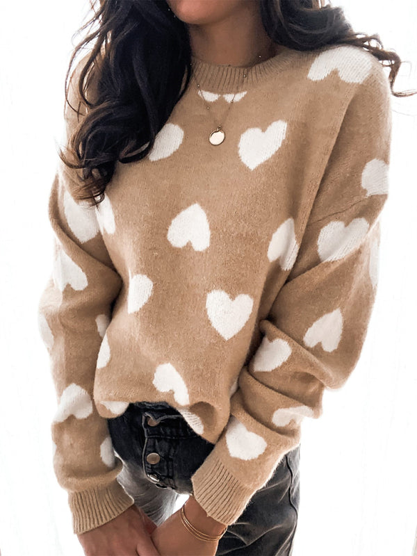 Knitted Cozy Heart Long Sleeve Pullover Sweater Sweaters - Chuzko Women Clothing