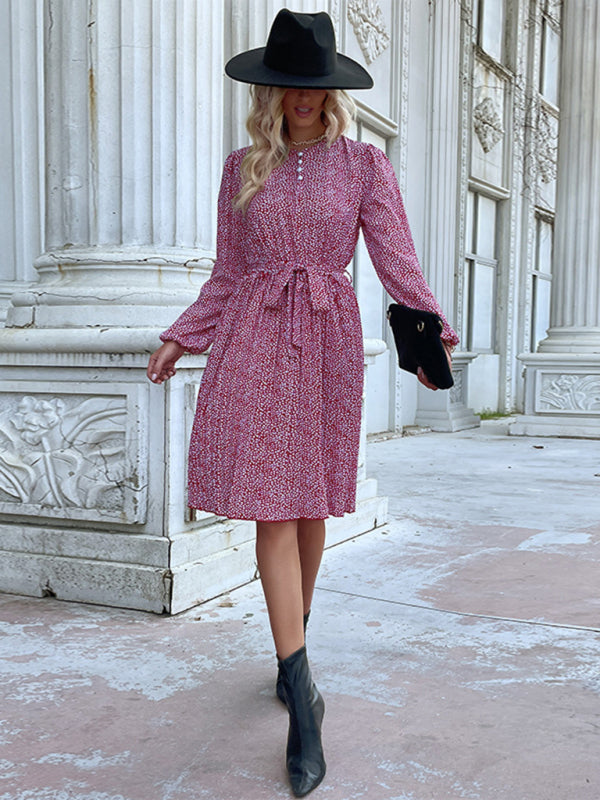 Ditsy Floral Midi Dress: Belted, Long Sleeve, Pleated Floral Dresses - Chuzko Women Clothing