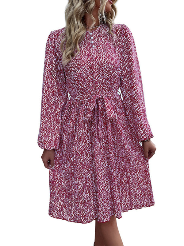 Ditsy Floral Midi Dress: Belted, Long Sleeve, Pleated Floral Dresses - Chuzko Women Clothing