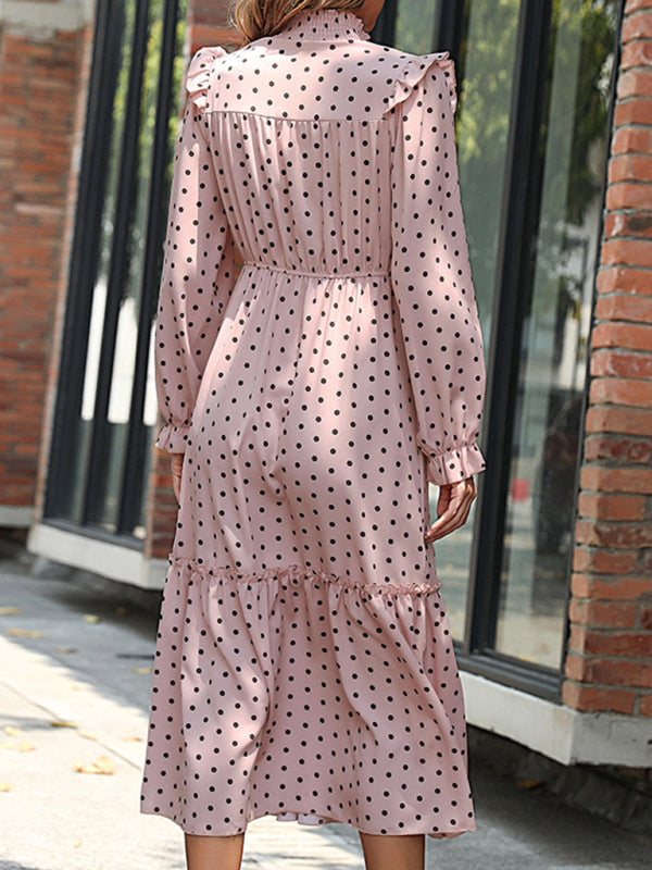 Polka Dot Ruffle Smocked Neck Long Sleeve Dress Midi Dresses - Chuzko Women Clothing