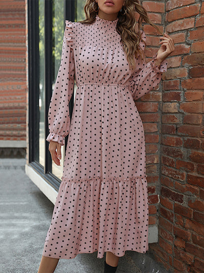 Polka Dot Ruffle Smocked Neck Long Sleeve Dress Midi Dresses - Chuzko Women Clothing