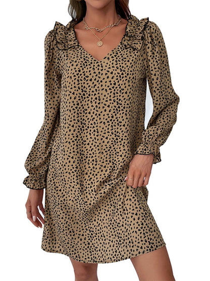 Leopard Print V Neck Long Sleeve Tunic Dress Loose Dresses - Chuzko Women Clothing