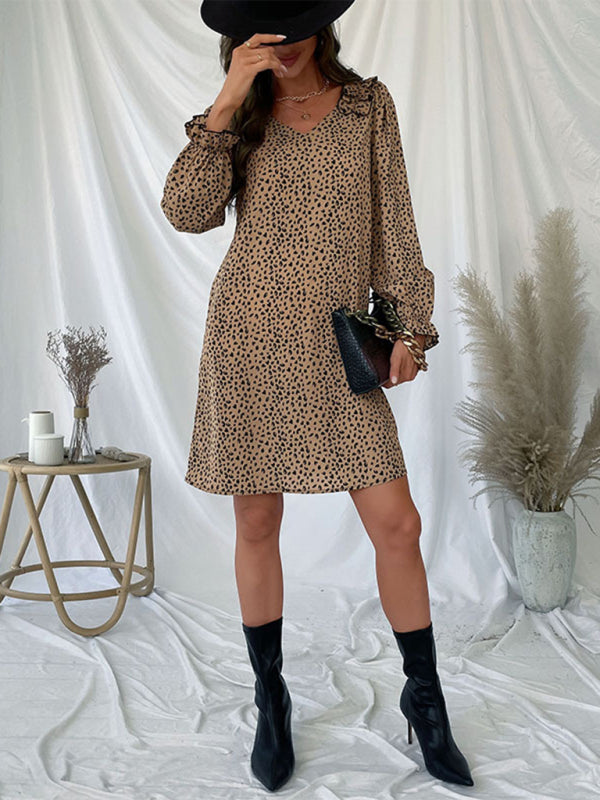 Leopard Print V Neck Long Sleeve Tunic Dress Loose Dresses - Chuzko Women Clothing