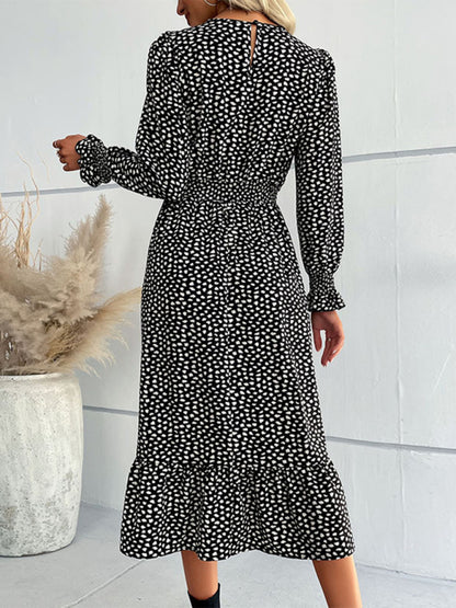 Dotty Print Elastic Waist Long Sleeve Ruffle Dress Midi Dresses - Chuzko Women Clothing