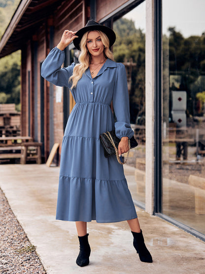 Tiered Gathered Waist Button Long Sleeve Dress Tiered Dresses - Chuzko Women Clothing