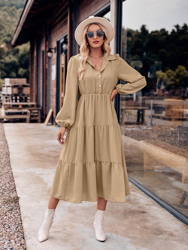 Tiered Gathered Waist Button Long Sleeve Dress Tiered Dresses - Chuzko Women Clothing