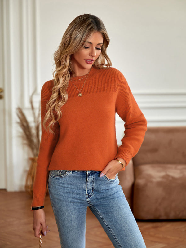 Solid Waffle Knitted Pullover Sweater Sweaters - Chuzko Women Clothing