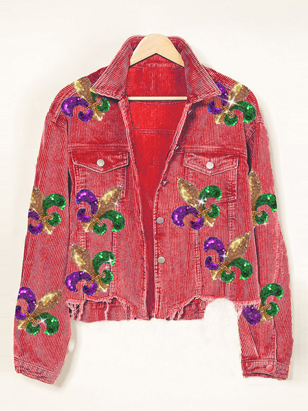 Ripped Corduroy Sequin Patchwork Crop Jacket Crop Jacket - Chuzko Women Clothing