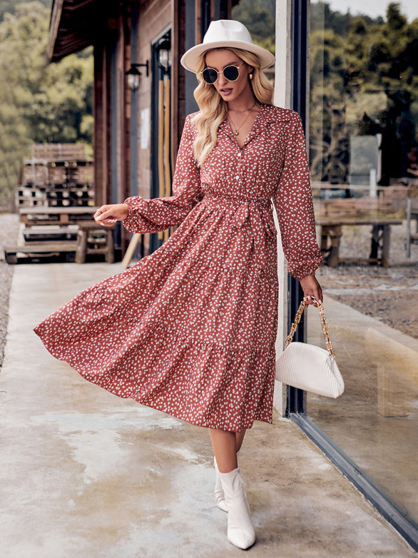 Tiered Floral Belt Tie Shirt Dress with Long Sleeve Midi Dress - Chuzko Women Clothing