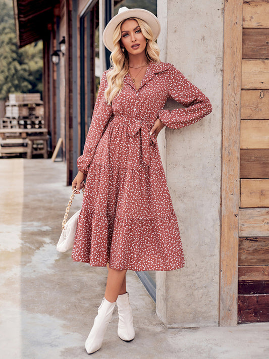 Tiered Floral Belt Tie Shirt Dress with Long Sleeve Midi Dress - Chuzko Women Clothing