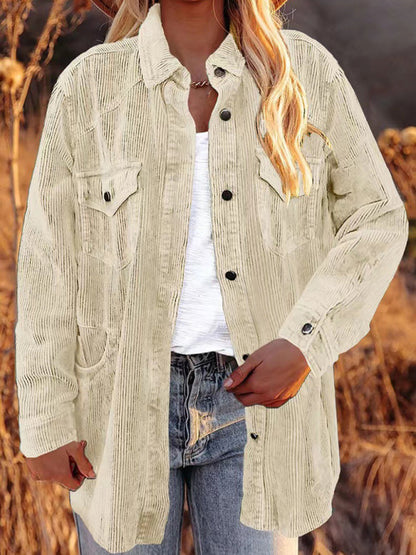 Solid Corduroy Oversized Shirt Jacket Corduroy Jackets - Chuzko Women Clothing